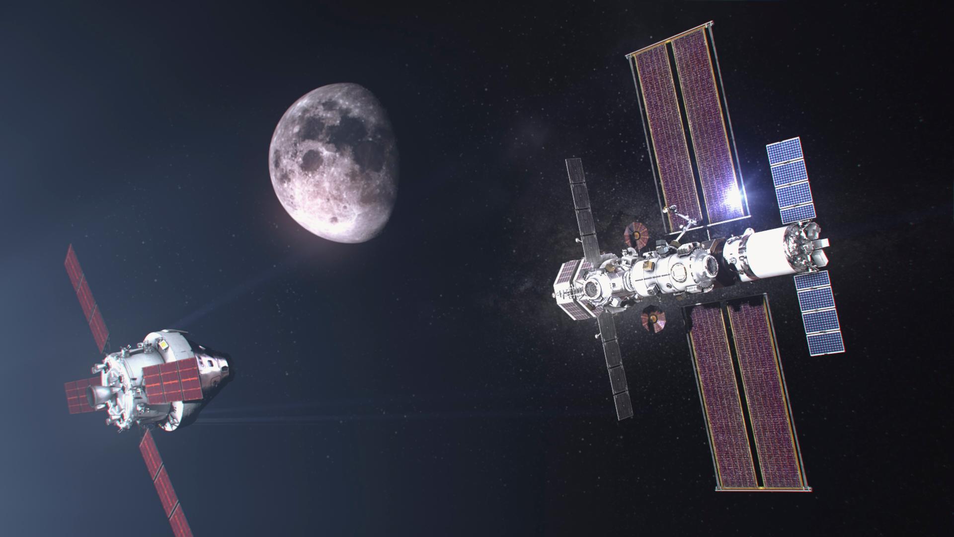Modell-Illustration des Artemis Raumschiffs, dass die SpaceX Mondstation Gateway erreicht. Am 09.11.2021 kündigte NASA-Geschäftsführer Bill Nelsen die Fortsetzung der Tests mit bemannten Raumschiffen ab 2024 an.