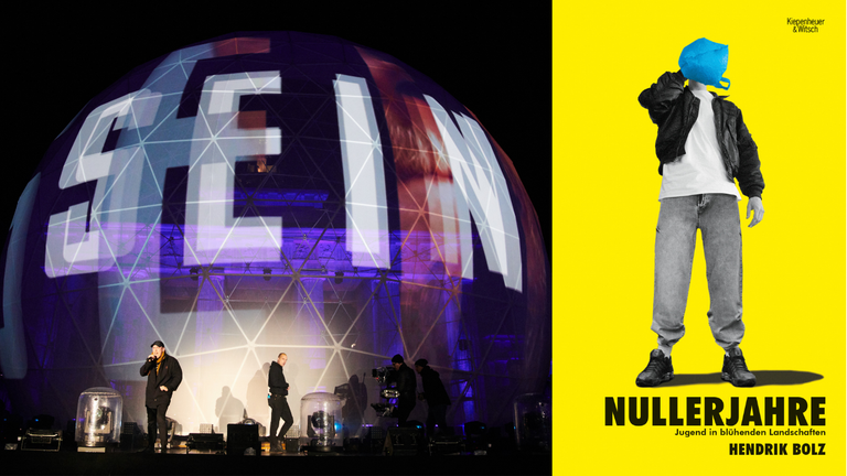 Das Buchcover "Nullerjahre" von Hendrik Bolz und im Hintergrund: Die Musiker Zugezogen Maskulin spielen bei der Feier anlässlich der Festivalwoche "30 Jahre Friedliche Revolution – Mauerfall" am Brandenburger Tor. Das Buchcover "Nullerjahre" von Hendrik Bolz und im Hintergrund: Die Musiker Zugezogen Maskulin spielen bei der Feier anlässlich der Festivalwoche "30 Jahre Friedliche Revolution – Mauerfall" am Brandenburger Tor.