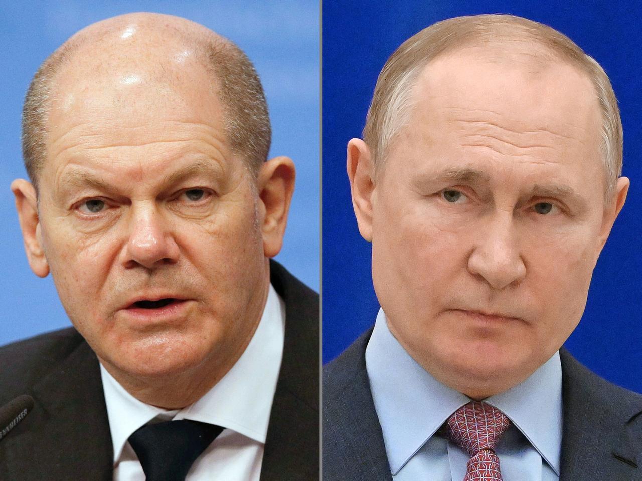 Eine Bildmontage von Bundeskanzler Scholz und Russlands Präsident Putin nebeneinander. Eine Bildmontage von Bundeskanzler Scholz und Russlands Präsident Putin nebeneinander.
