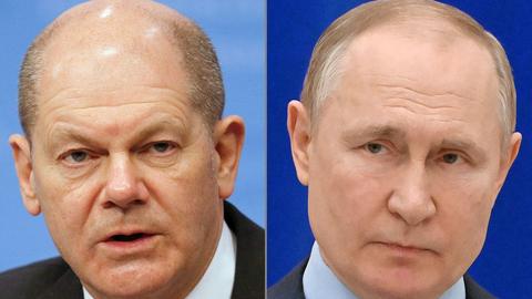 Eine Bildmontage von Bundeskanzler Scholz und Russlands Präsident Putin nebeneinander.