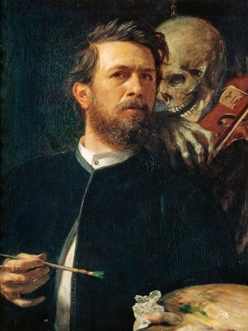 Ein Gemälde mit der Dartellung eines mittelalten Mannes mit Bart, der neben einem Skelett steht, welches  an seine Schulter gelehnt, auf der Geige spielt.