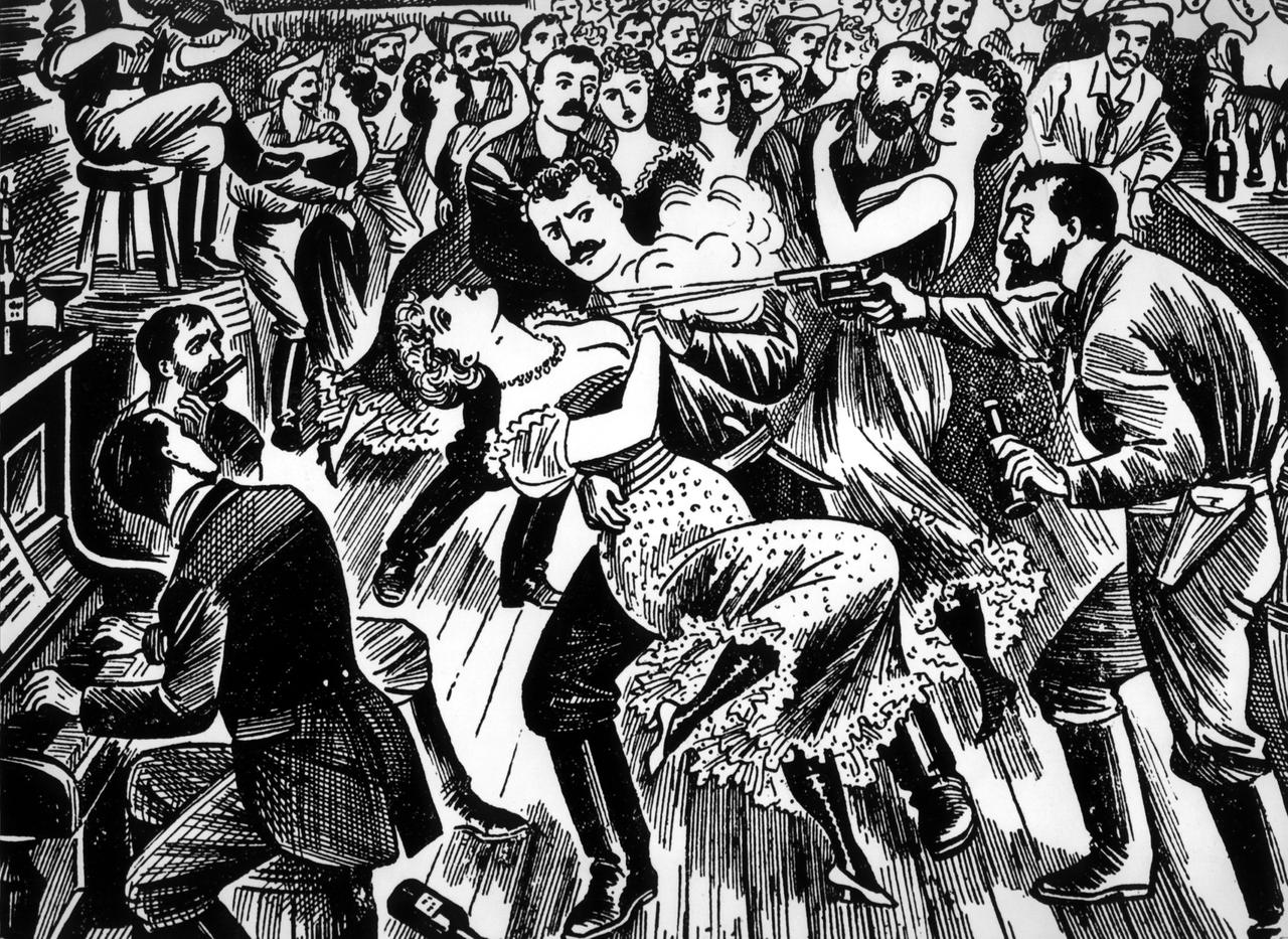Zeichnung einer Saloonszene in Klondike aus der "Illustrated Police News" 1897 Zeichnung einer Saloonszene in Klondike aus der "Illustrated Police News" 1897