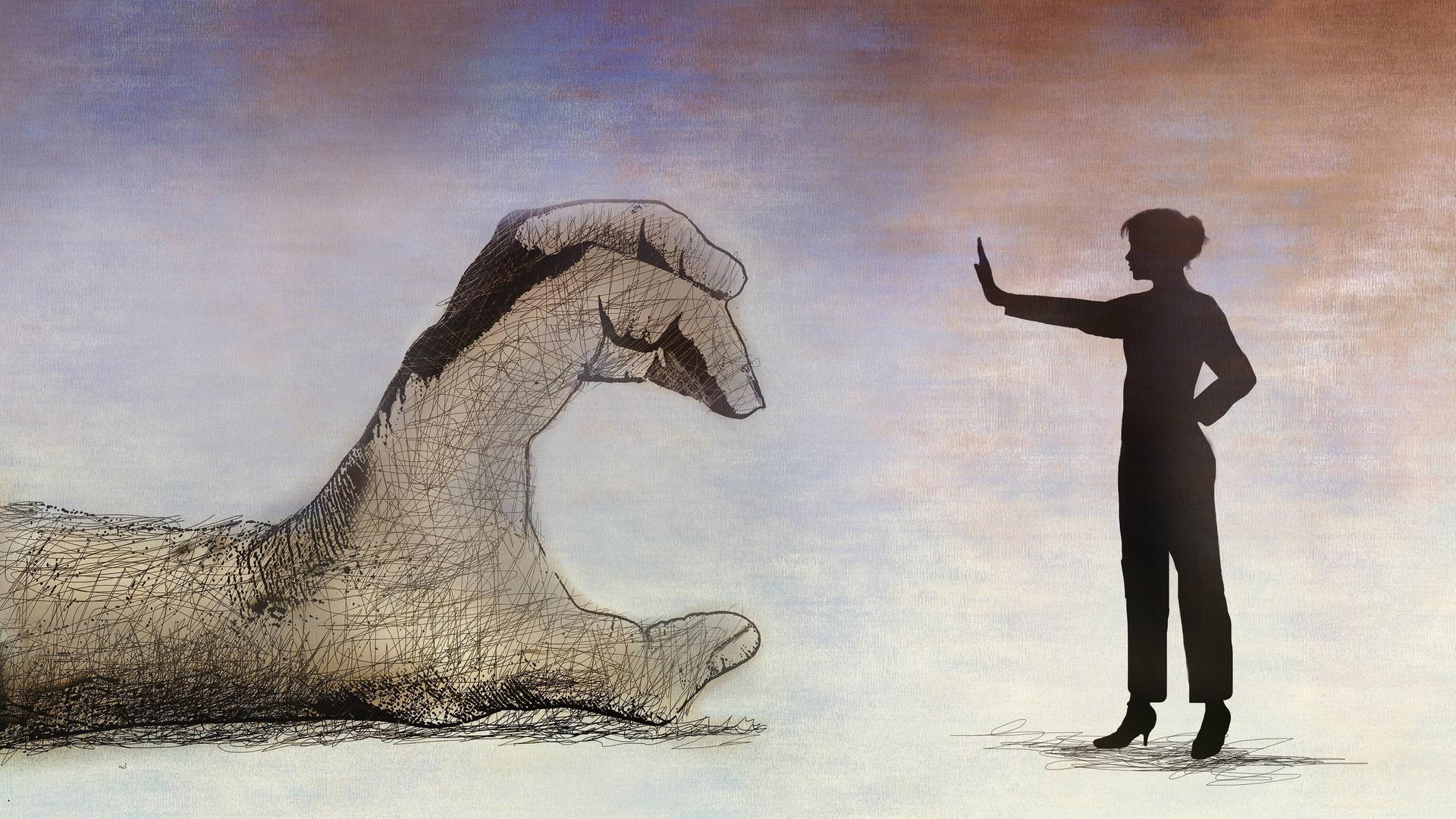 Die Illustration zeigt links eine greifende Hand und recht die Silhouette einer Frau, die mit ihrer Hand ein Stoppzeichen macht. 