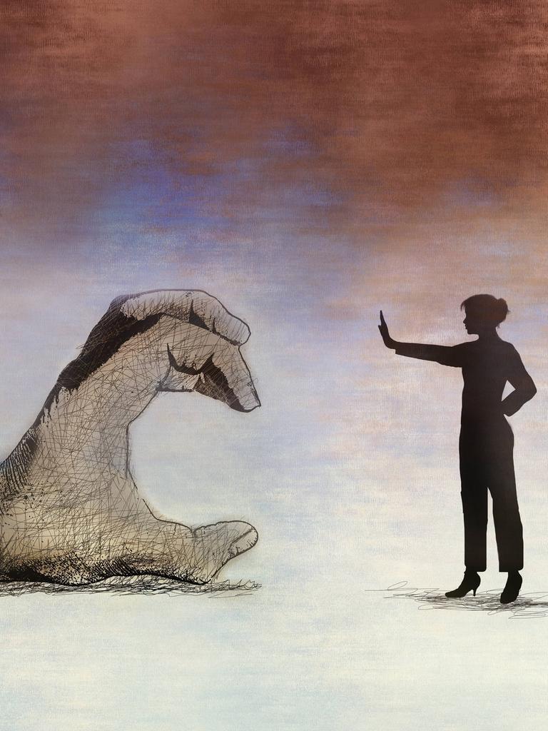 Die Illustration zeigt links eine greifende Hand und recht die Silhouette einer Frau, die mit ihrer Hand ein Stoppzeichen macht. 