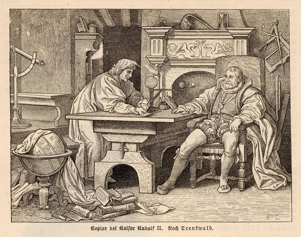 Druckgrafik: Johannes Kepler mit Kaiser Rudolf II.