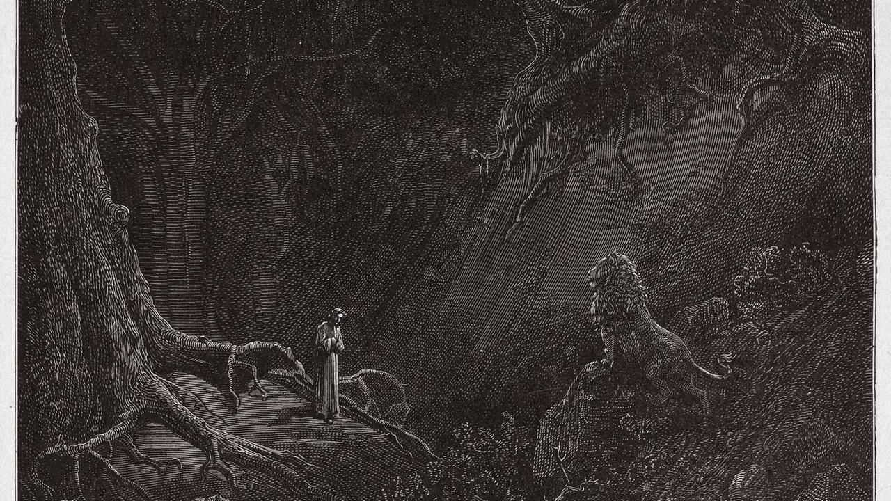 Dantes Aufstieg wird von einem Löwen behindert - Illustration von Gustave Doré, ca. 1890