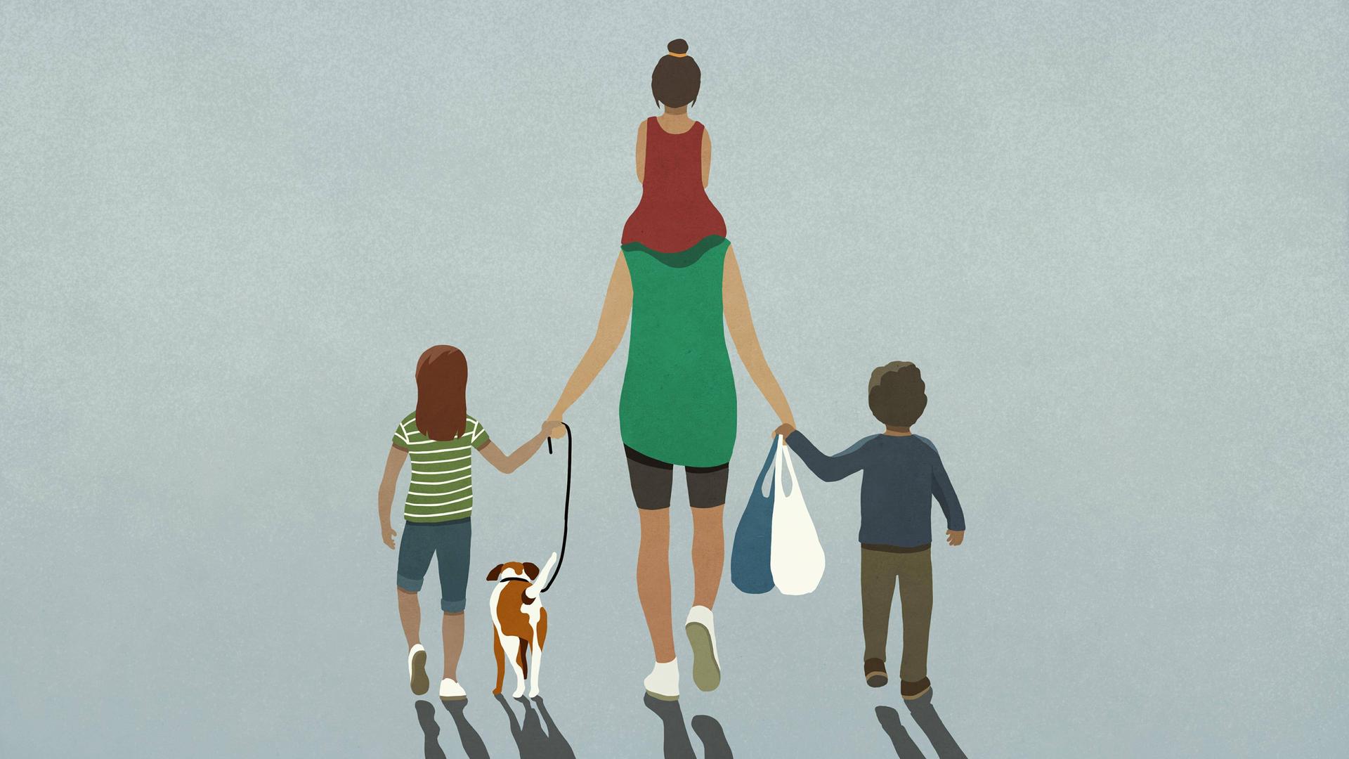 Grafische Darstellung: Eine Familie läuf mit Einkäufen eine Straße entlang. Grafische Darstellung: Eine Familie läuf mit Einkäufen eine Straße entlang.