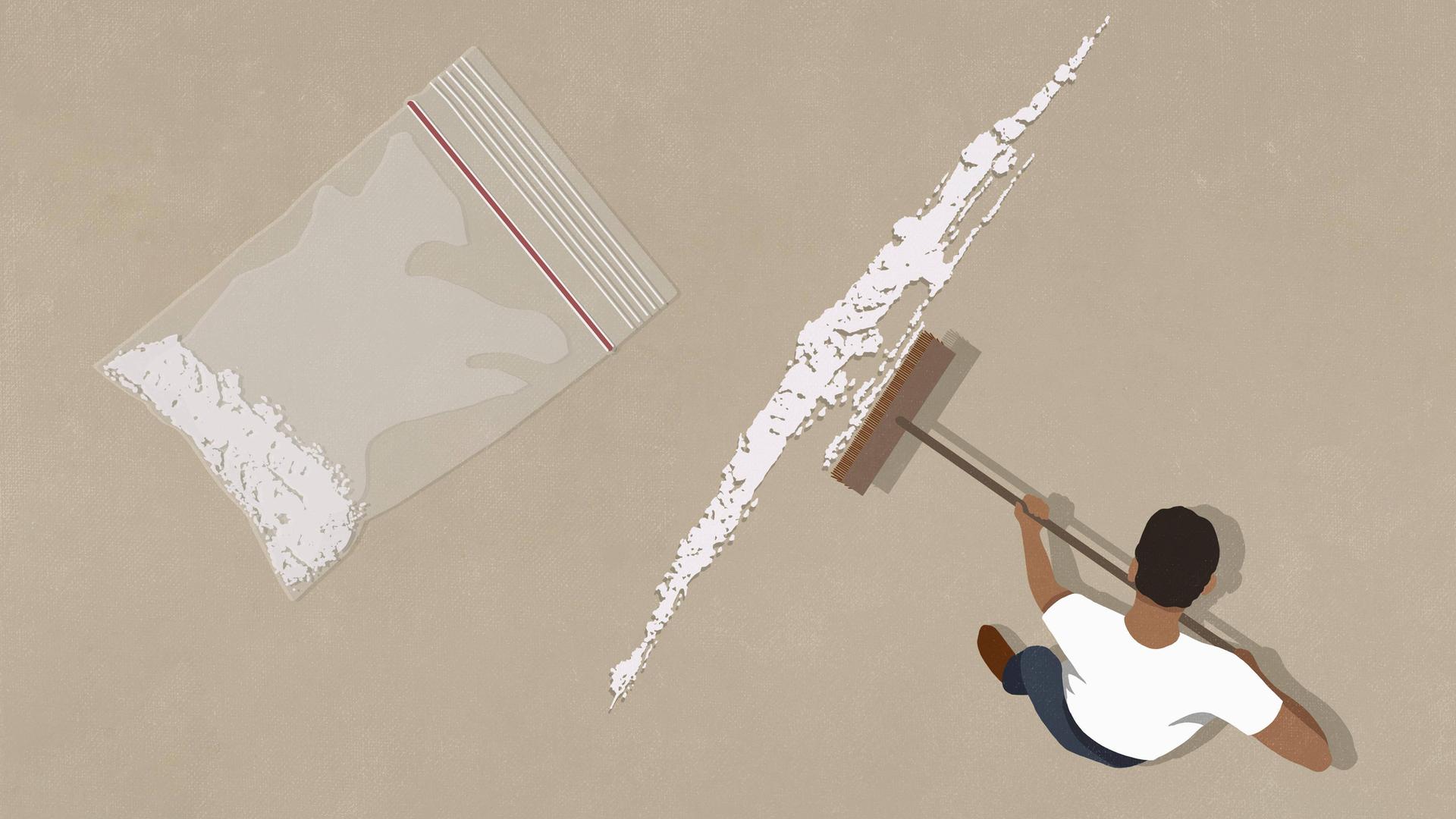 Illustration zu Drogen: Ein Mann kehrt Kokain mit einem Besen zusammen. Illustration zu Drogen: Ein Mann kehrt Kokain mit einem Besen zusammen.