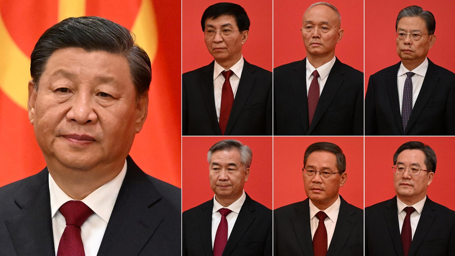 Zu sehen sind Xi Jinping und die weiteren Mitglieder des siebenköpfigen Ständigen Ausschusses des Politbüros der KP Chinas. Zu sehen sind Xi Jinping und die weiteren Mitglieder des siebenköpfigen Ständigen Ausschusses des Politbüros der KP Chinas.