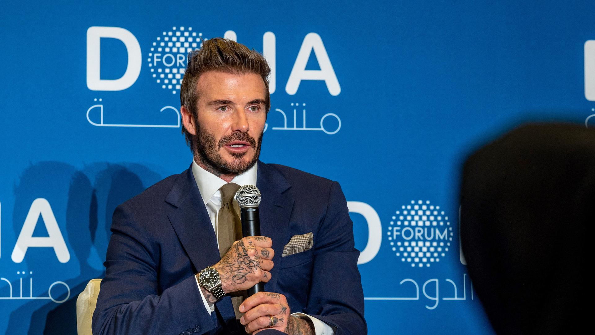 English former football player and UNICEF ambassador, David Beckham takes part in a panel at the Doha Forum in Qatar's capital on March 27, 2022. (Photo by AMMAR ABD RABBO / MOFA / DOHA FORUM) English former football player and UNICEF ambassador, David Beckham takes part in a panel at the Doha Forum in Qatar's capital on March 27, 2022. (Photo by AMMAR ABD RABBO / MOFA / DOHA FORUM)