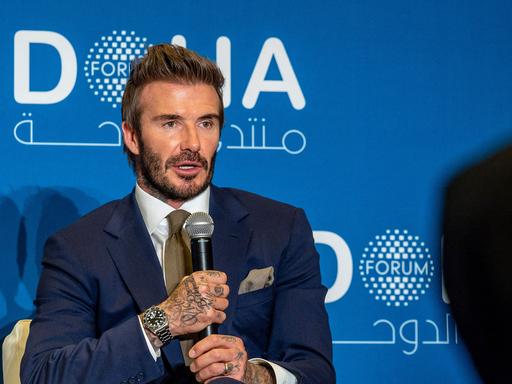 English former football player and UNICEF ambassador, David Beckham takes part in a panel at the Doha Forum in Qatar's capital on March 27, 2022. (Photo by AMMAR ABD RABBO / MOFA / DOHA FORUM)