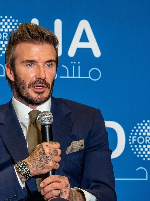 English former football player and UNICEF ambassador, David Beckham takes part in a panel at the Doha Forum in Qatar's capital on March 27, 2022. (Photo by AMMAR ABD RABBO / MOFA / DOHA FORUM)