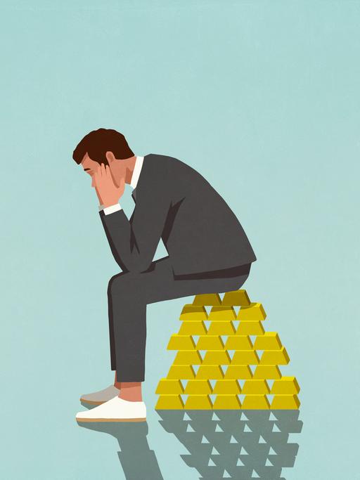 Illustration: Eine Mann sitzt besorgt auf einem Haufen Goldbarren.