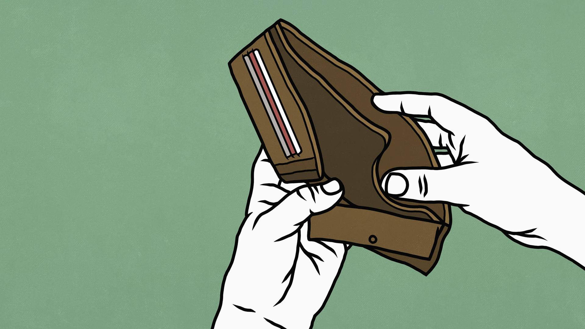 Die Illustration zeigt Hände, die eine leere Geldbörse öffnen. Die Illustration zeigt Hände, die eine leere Geldbörse öffnen.