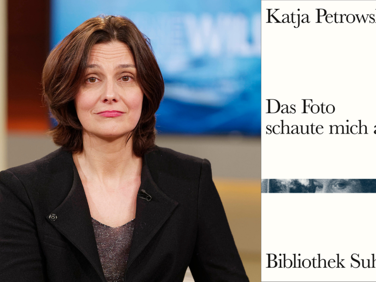 Ein Portrait der Schriftstellerin Katja Petrowskaja und das Buchcover von "Das Foto schaute mich an"
