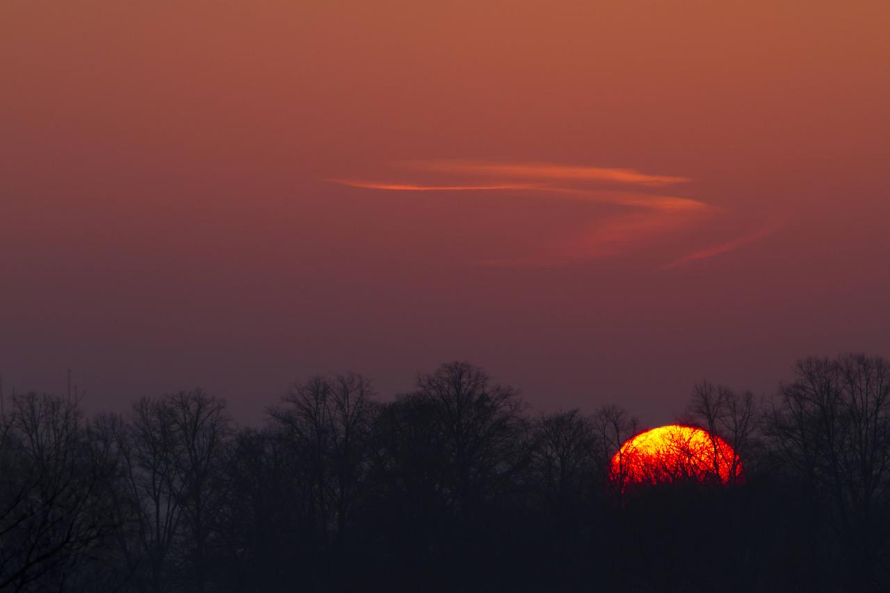 Spektakulär roter Sonnenuntergang über dem Naturschutzgebiet Döberitzer Heide. Einige Schleierwolken sorgen für die einzige Zeichnung im blutroten Himmel.   