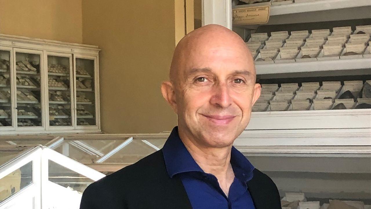 Stefano Dominici, Kurator des Naturhistorischen Museums an der Universität Florenz, vor Vitrinen mit geologischen Fundstücken Stefano Dominici, Kurator des Naturhistorischen Museums an der Universität Florenz, vor Vitrinen mit geologischen Fundstücken