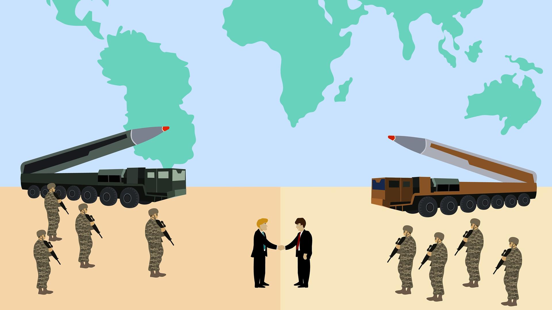 Illustration: Zwei Männer geben sich vor einer großen Weltkarte die Hand, während links und rechts bewaffnete Soldaten stehen und zwei Raketen gegeneinander gerichtet sind. Illustration: Zwei Männer geben sich vor einer großen Weltkarte die Hand, während links und rechts bewaffnete Soldaten stehen und zwei Raketen gegeneinander gerichtet sind.