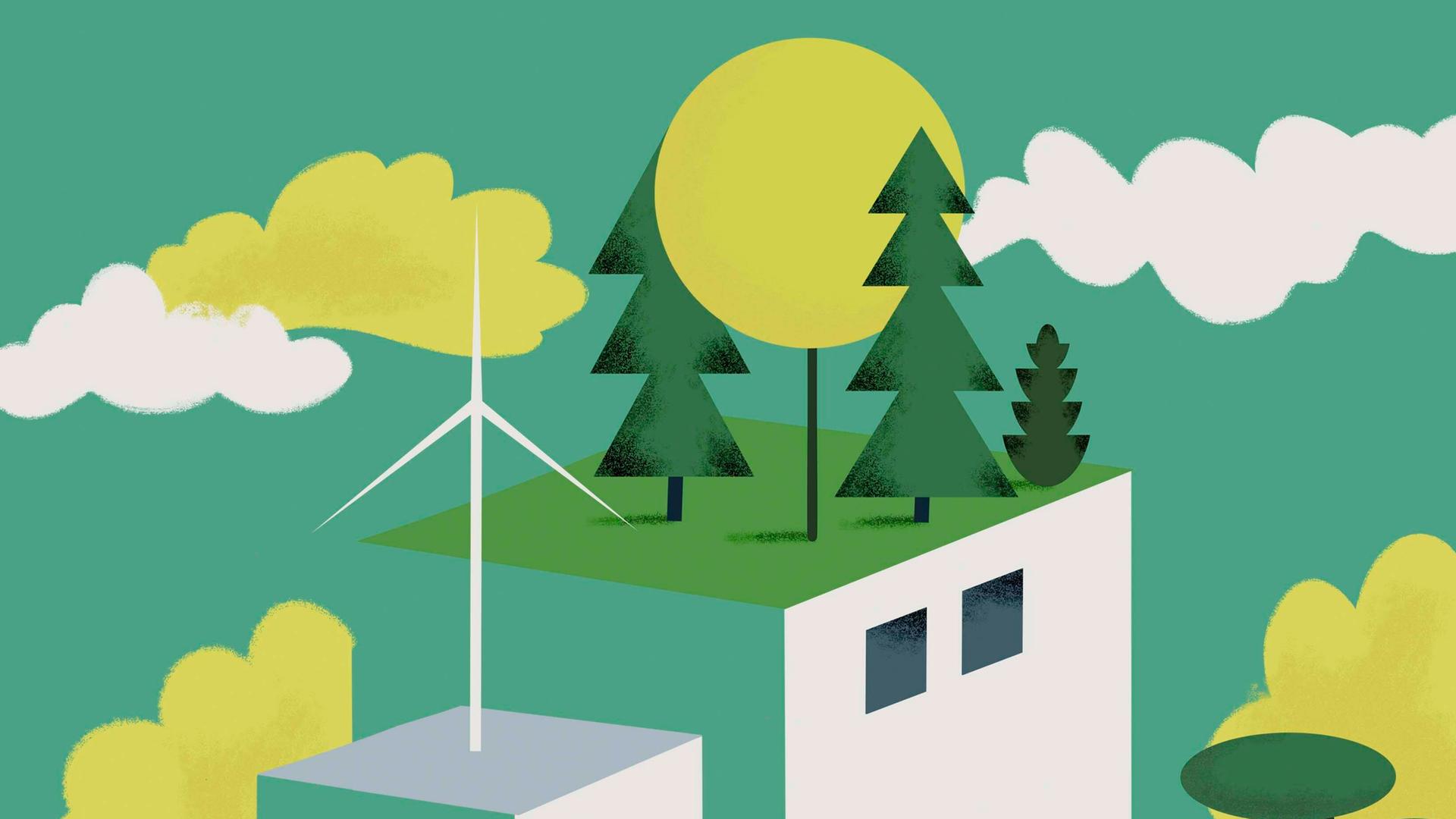 Illustration: Dachgärten und Windenergieanlage auf grünen Gebäuden. Illustration: Dachgärten und Windenergieanlage auf grünen Gebäuden.
