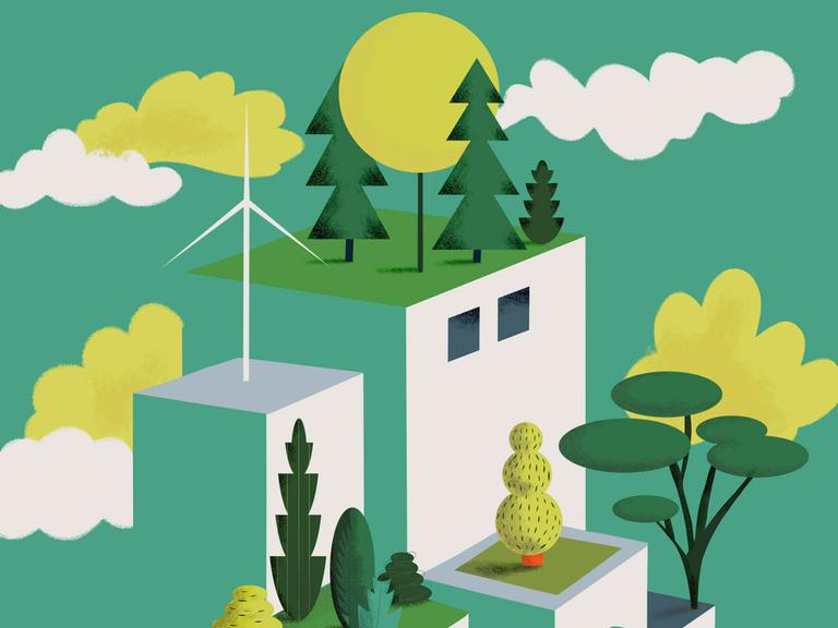 Illustration: Dachgärten und Windenergieanlage auf grünen Gebäuden.