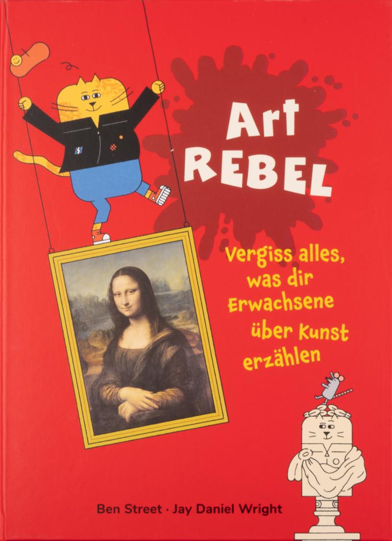 Auf dem Cover schaukelt eine gemalte gelbe Katze auf dem hängenden Gemälde der Mona Lisa herum, neben ihr ist der Buchtitel auf einem Farbklecks zu sehen. Am unteren Bildrand tanzt eine Maus auf einer gemalten Marmorbüste der Katze. Auf dem Cover schaukelt eine gemalte gelbe Katze auf dem hängenden Gemälde der Mona Lisa herum, neben ihr ist der Buchtitel auf einem Farbklecks zu sehen. Am unteren Bildrand tanzt eine Maus auf einer gemalten Marmorbüste der Katze.
