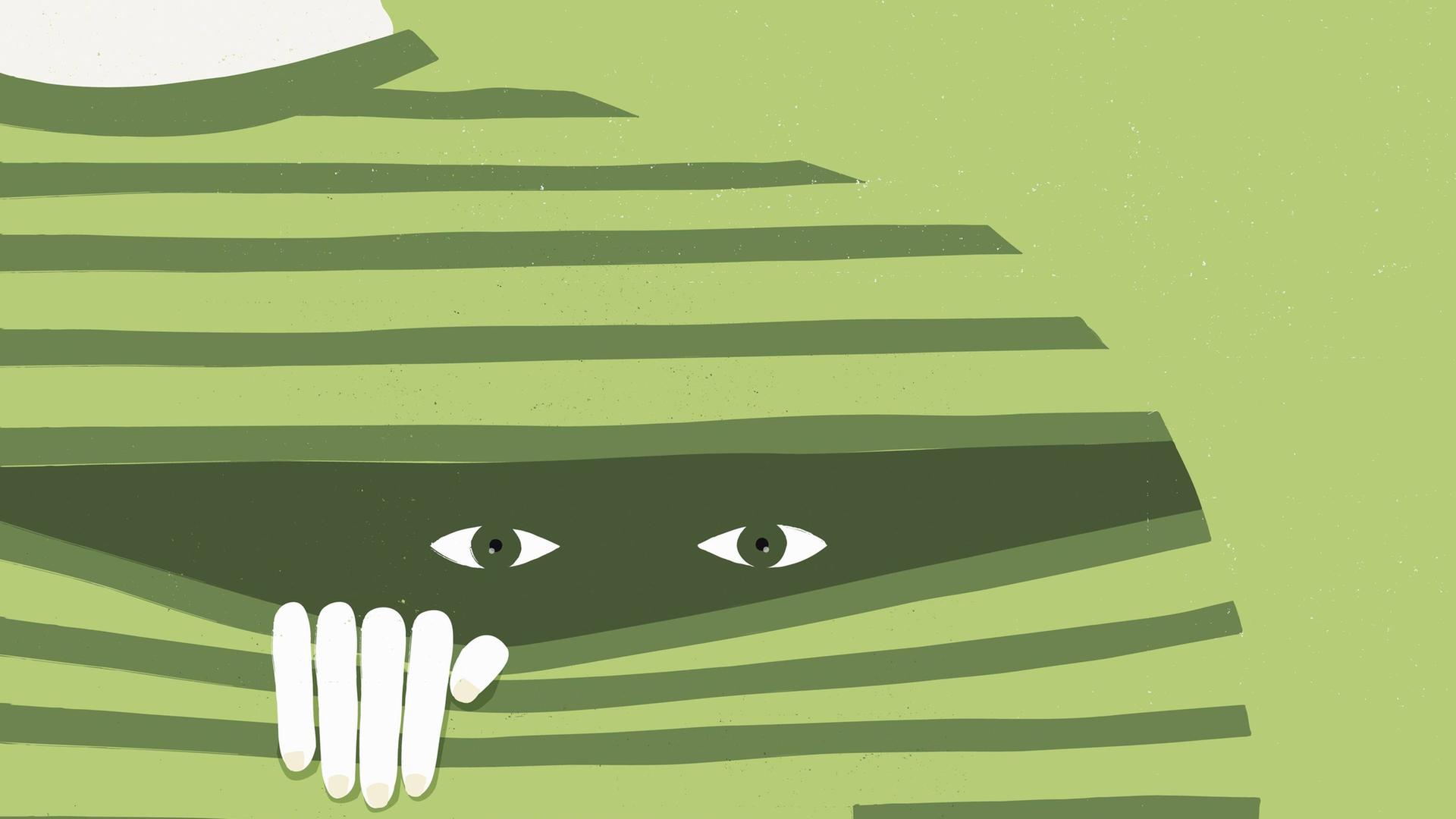 Illustration: Augen spähen aus dem T-Shirt eines Menschen, der sich schämt. Illustration: Augen spähen aus dem T-Shirt eines Menschen, der sich schämt.