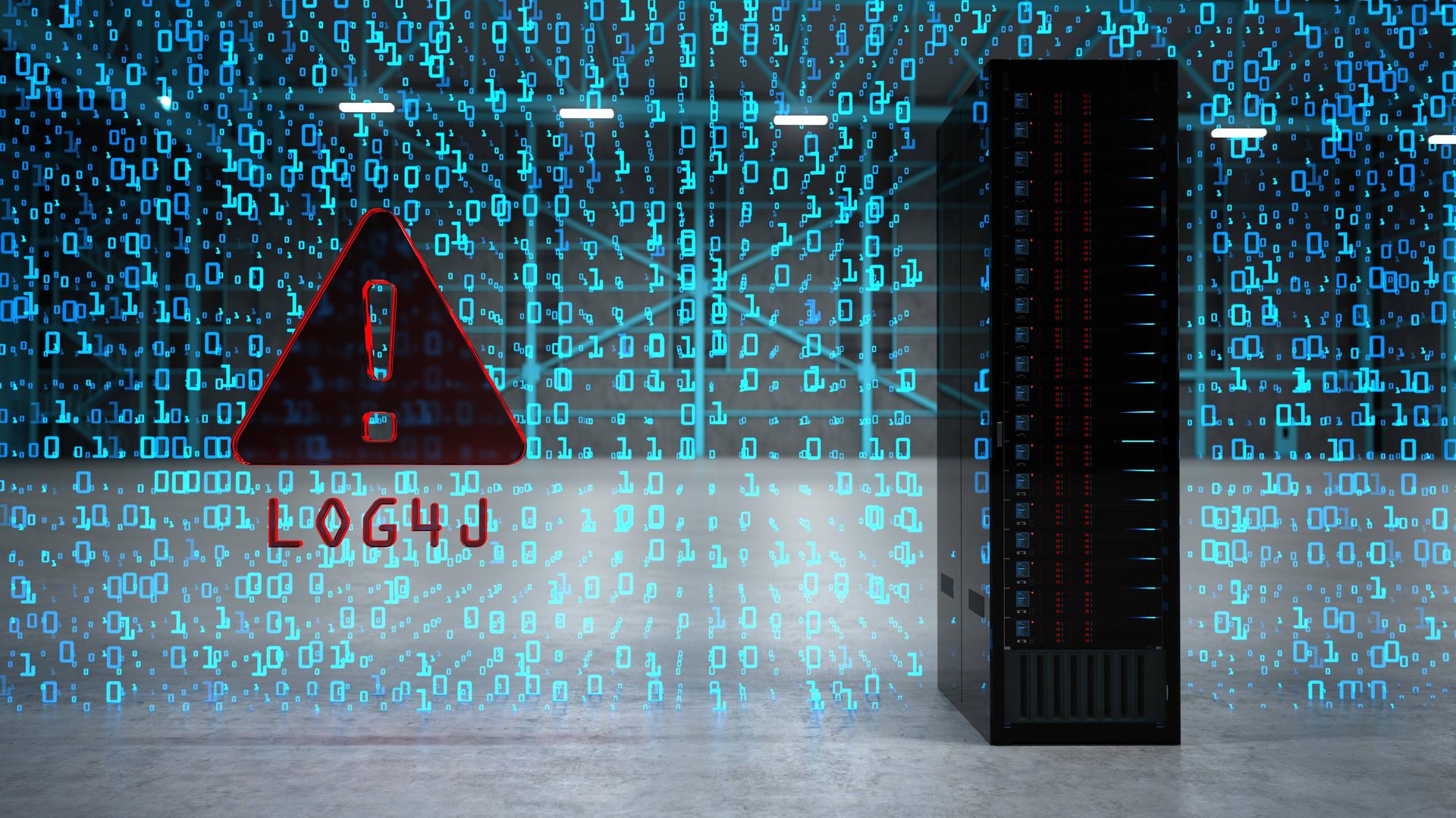 Ein Warnzeichen, ein Computer-Tower und das Logo "Log4J". Ein Warnzeichen, ein Computer-Tower und das Logo "Log4J".