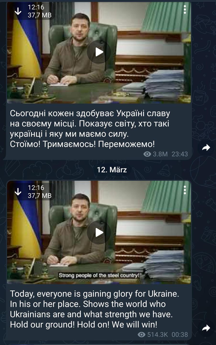 Screenshot eines ukrainischen Telegram-Kanals, der die Ansprachen des ukrainischen Präsidenten Wolodymyr Selenskyi ins Englische übersetzt. Screenshot eines ukrainischen Telegram-Kanals, der die Ansprachen des ukrainischen Präsidenten Wolodymyr Selenskyi ins Englische übersetzt.
