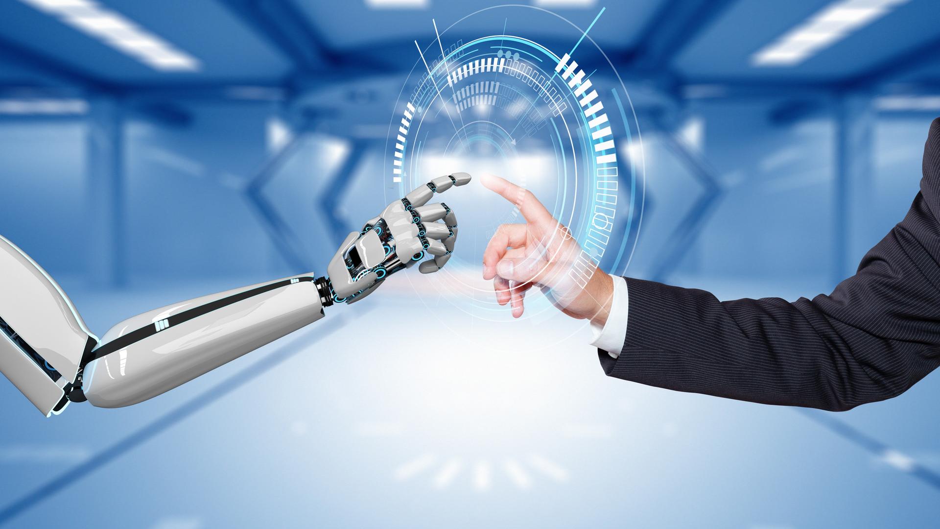 Eine Illustration zeigt, wie sich ein Roboter- und ein Menschenarm bzw. -finger aufeinander zubewegen und Kontakt suchen.