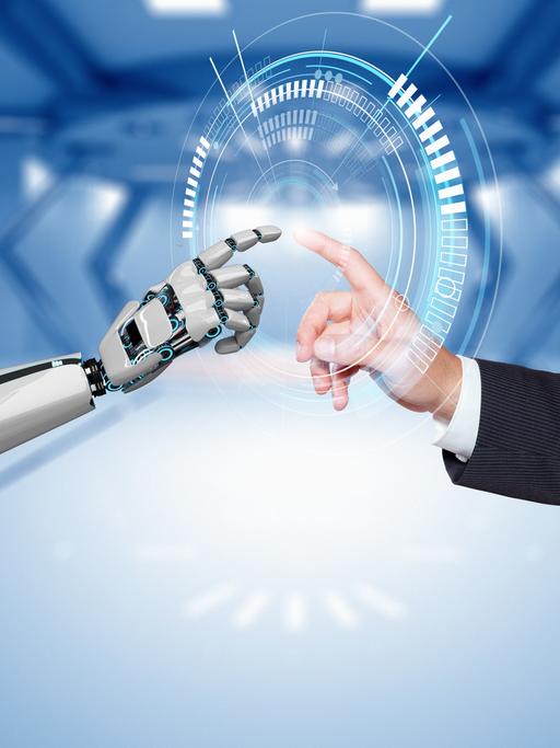 Eine Illustration zeigt, wie sich ein Roboter- und ein Menschenarm bzw. -finger aufeinander zubewegen und Kontakt suchen.