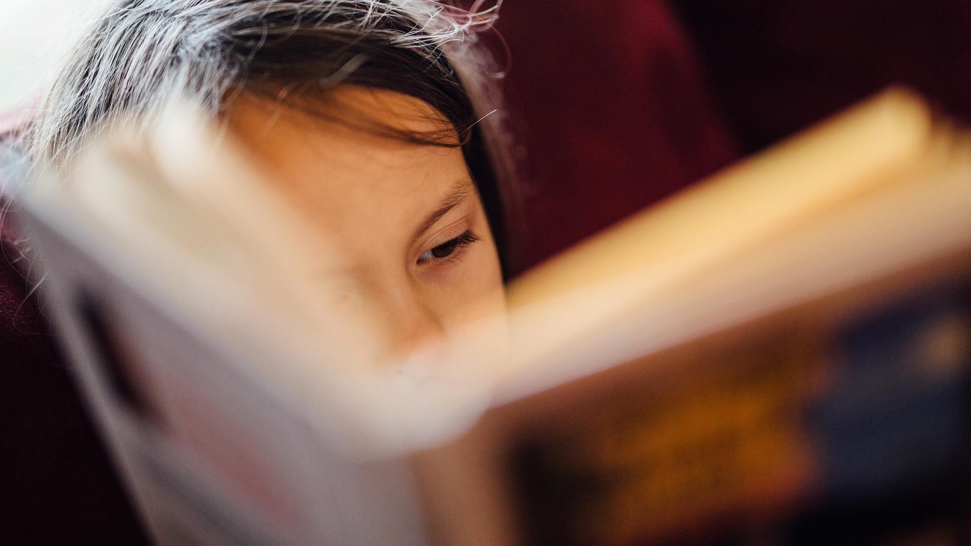 Fotografie eines aufgeschlagenen Buches, das ein Kind in den Händen hält und darin liest. Fotografie eines aufgeschlagenen Buches, das ein Kind in den Händen hält und darin liest.