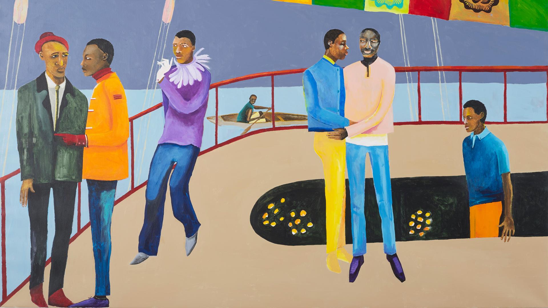 Ein farbenfrohes Gemälde zeigt dunkelhäutige Menschen bei einer Party auf einem Schiff.
