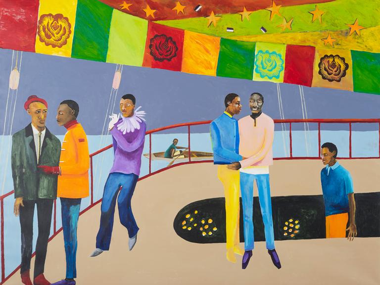 Ein farbenfrohes Gemälde zeigt dunkelhäutige Menschen bei einer Party auf einem Schiff.