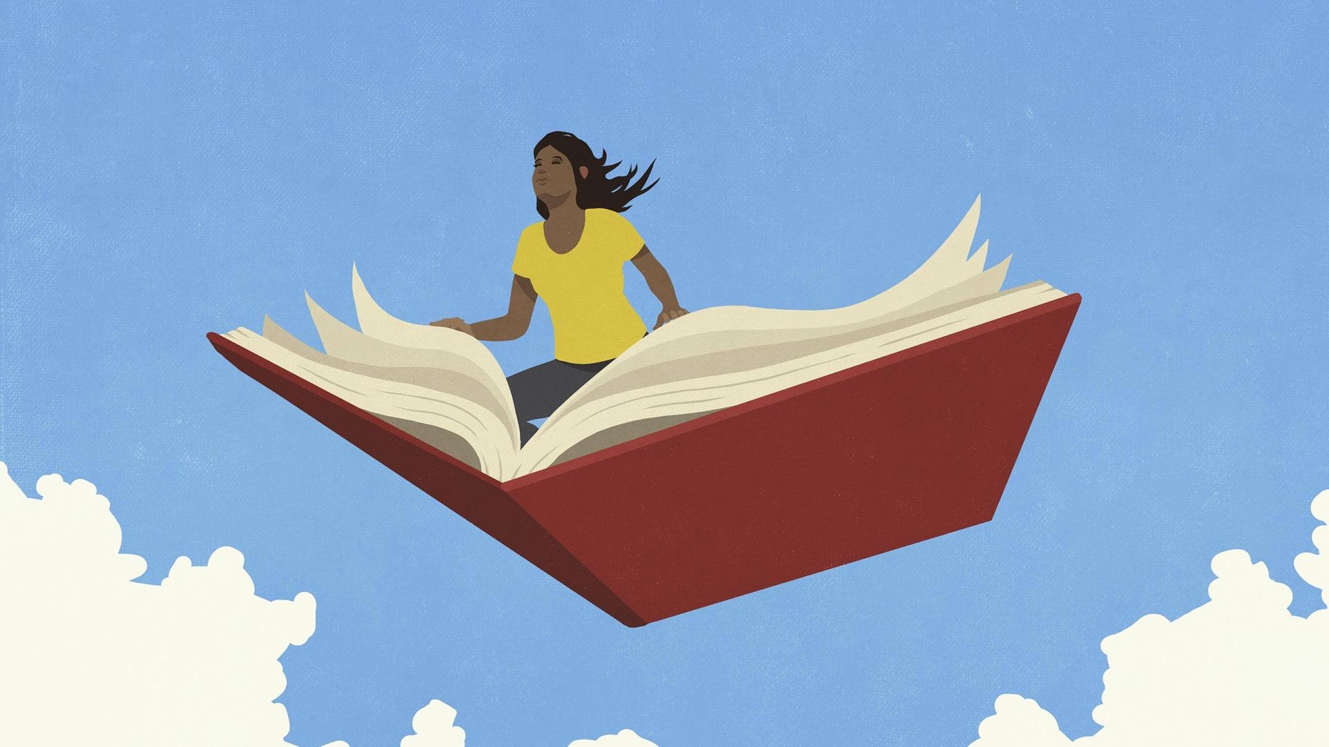 Eine Neugierige Frau fliegt auf einem aufgeschlagenem Buch durch den Himmel. Eine Neugierige Frau fliegt auf einem aufgeschlagenem Buch durch den Himmel.