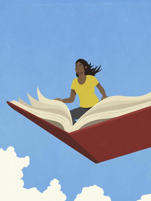 Eine Neugierige Frau fliegt auf einem aufgeschlagenem Buch durch den Himmel. 