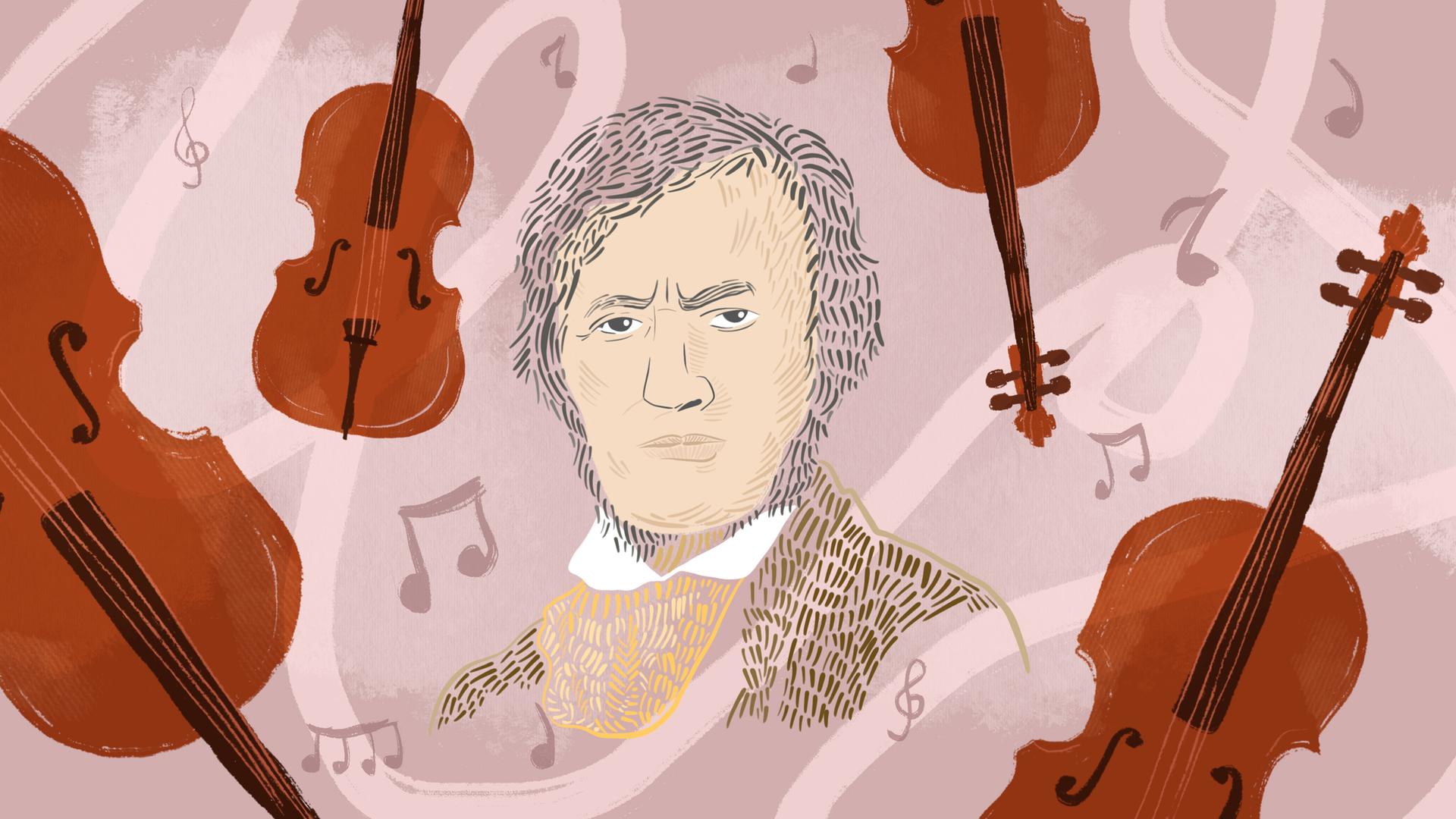 Illustration zeigt Wagner mit Noten und Musikinstrumenten im Hintergrund. Illustration zeigt Wagner mit Noten und Musikinstrumenten im Hintergrund.