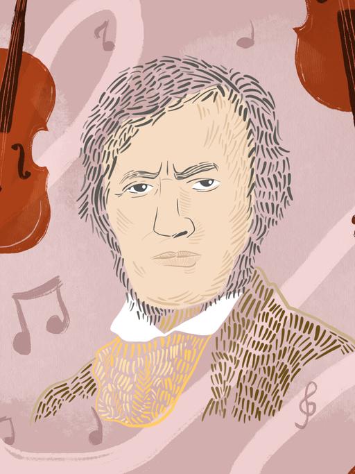 Illustration zeigt Wagner mit Noten und Musikinstrumenten im Hintergrund.