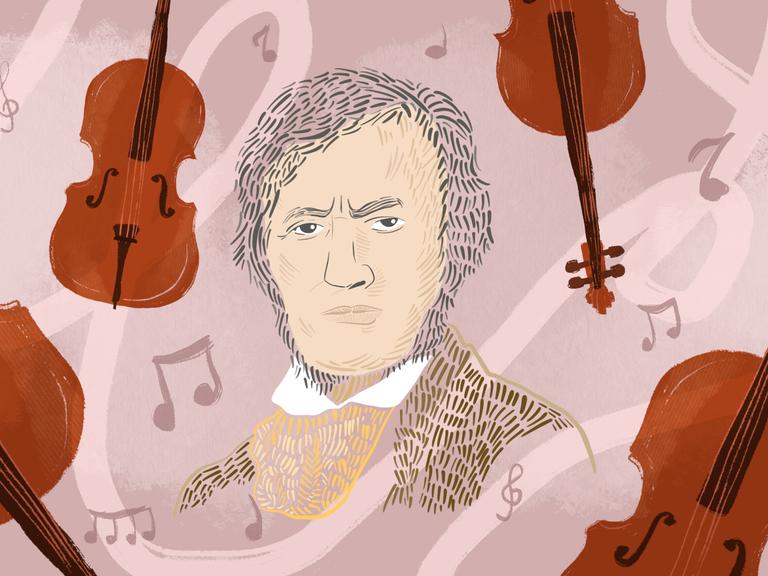 Illustration zeigt Wagner mit Noten und Musikinstrumenten im Hintergrund.
