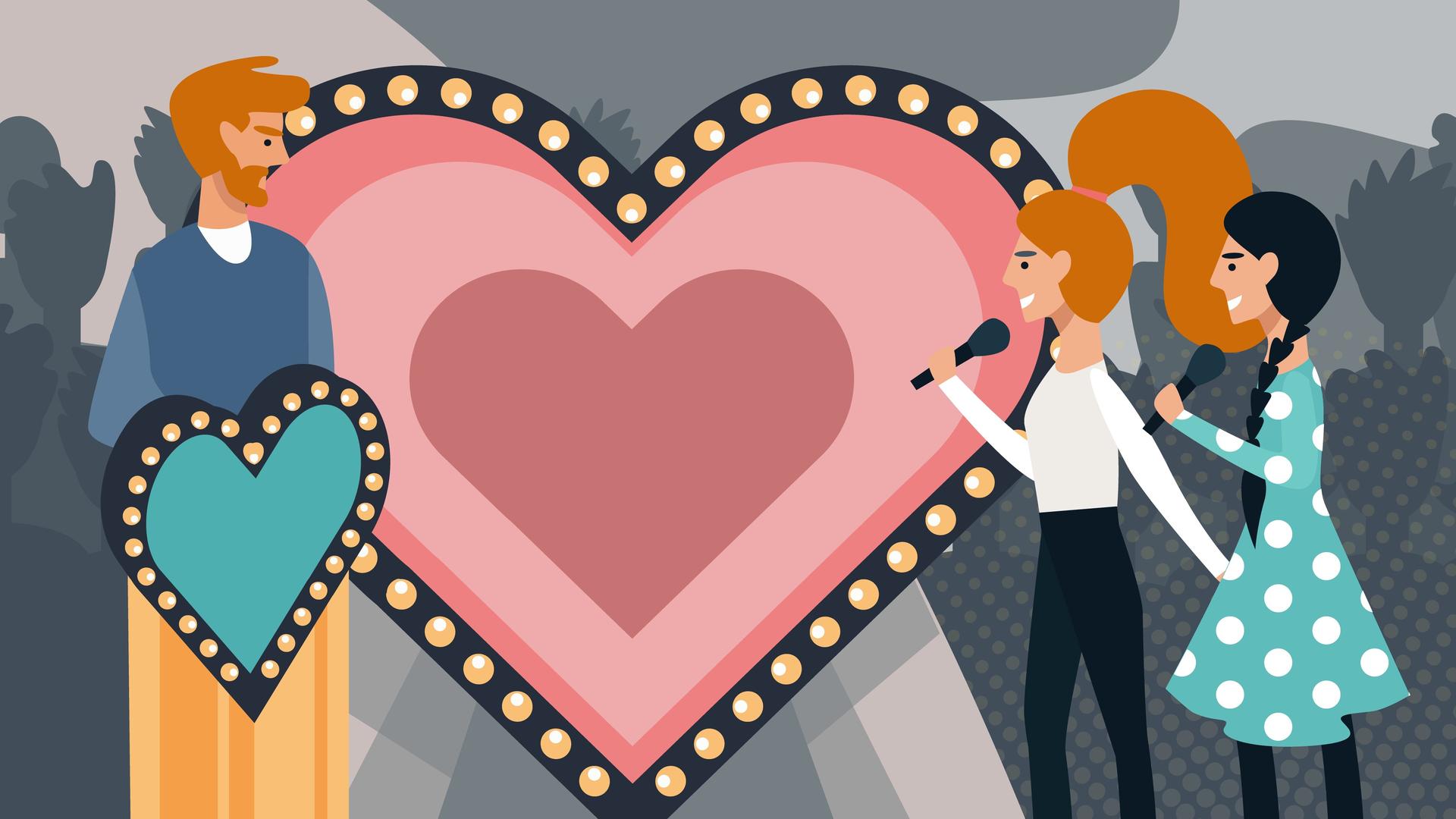 Illustration: Zwei Sängerinnen neben einem grossen beleuchteten Herz bei einer Datingshow. Illustration: Zwei Sängerinnen neben einem grossen beleuchteten Herz bei einer Datingshow.