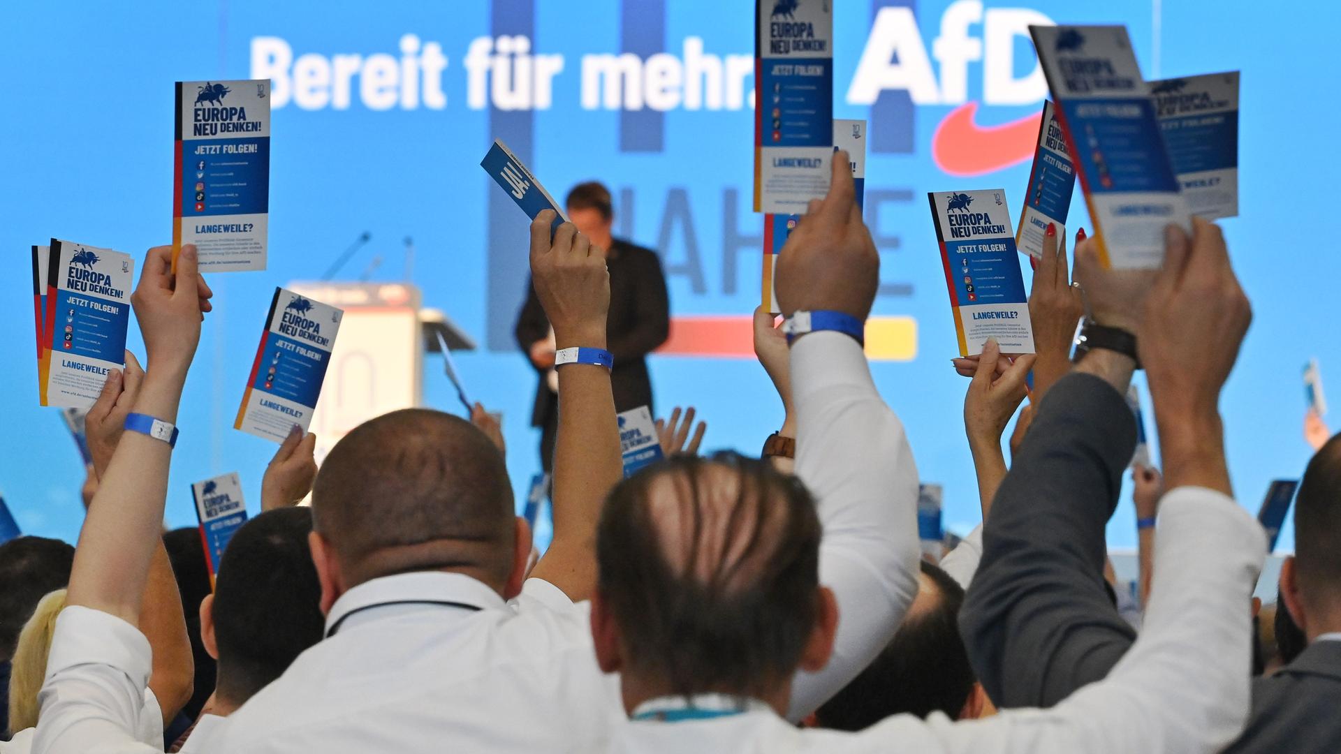 Delegierte Stimmen ab,Abstimmung,Stimmkarten.Logo. 14.Bundesparteitag der AfD Alternative fuer Deutschland am 28.07.2023 in der Messe Magdeburg Delegierte Stimmen ab,Abstimmung,Stimmkarten.Logo. 14.Bundesparteitag der AfD Alternative fuer Deutschland am 28.07.2023 in der Messe Magdeburg
