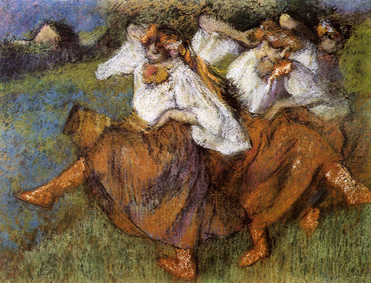 Das Gemälde "Russian Dancers" von Edgar Degas zeigt Tänzerinnen in der Natur Das Gemälde "Russian Dancers" von Edgar Degas zeigt Tänzerinnen in der Natur