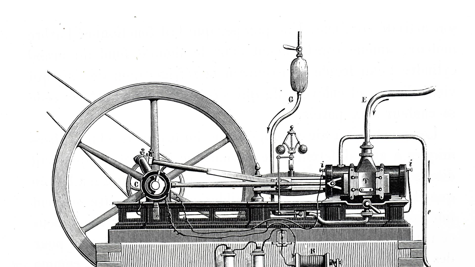 Ein Kupferstich aus dem 19. Jahrhundert zeigt den von Étienne Lenoir entwickelten , ersten funktionstüchtigen Gasmotor Ein Kupferstich aus dem 19. Jahrhundert zeigt den von Étienne Lenoir entwickelten , ersten funktionstüchtigen Gasmotor