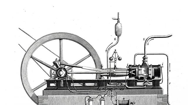 Ein Kupferstich aus dem 19. Jahrhundert zeigt den von Étienne  Lenoir entwickelten , ersten funktionstüchtigen Gasmotor