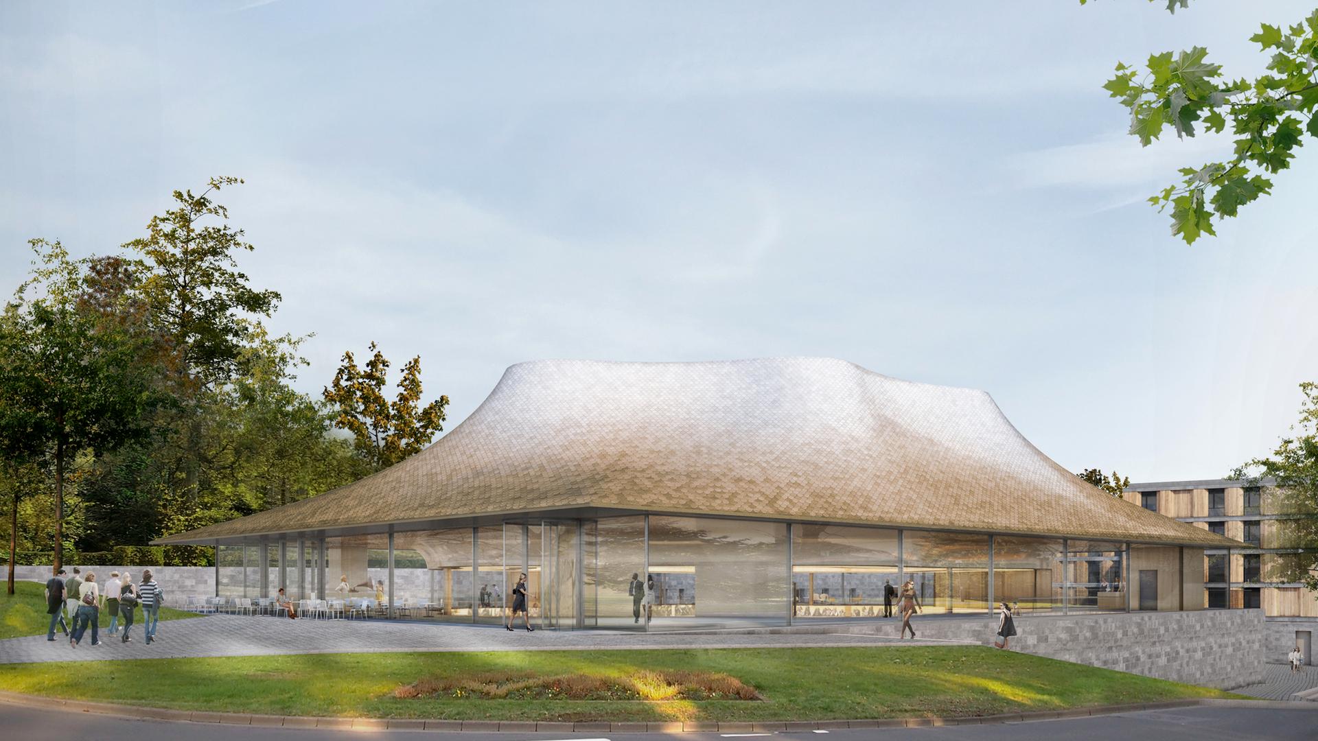  Blick auf eine Computeranimation des Gebäudekomplexes, das von Grün umgeben ist und einem Bergmassiv ähnelt.