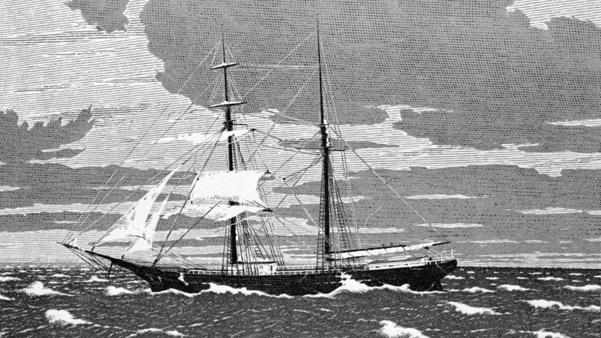 Im Dezember 1872 wurde die Mary Celeste verlassen im Mittelatlantik vor den Azoren gefunden. Der Kapitän, seine Frau und ihre zweijährige Tochter sowie acht Besatzungsmitglieder werden vermisst. Gravur 19. Jahrhundert. Im Dezember 1872 wurde die Mary Celeste verlassen im Mittelatlantik vor den Azoren gefunden. Der Kapitän, seine Frau und ihre zweijährige Tochter sowie acht Besatzungsmitglieder werden vermisst. Gravur 19. Jahrhundert.