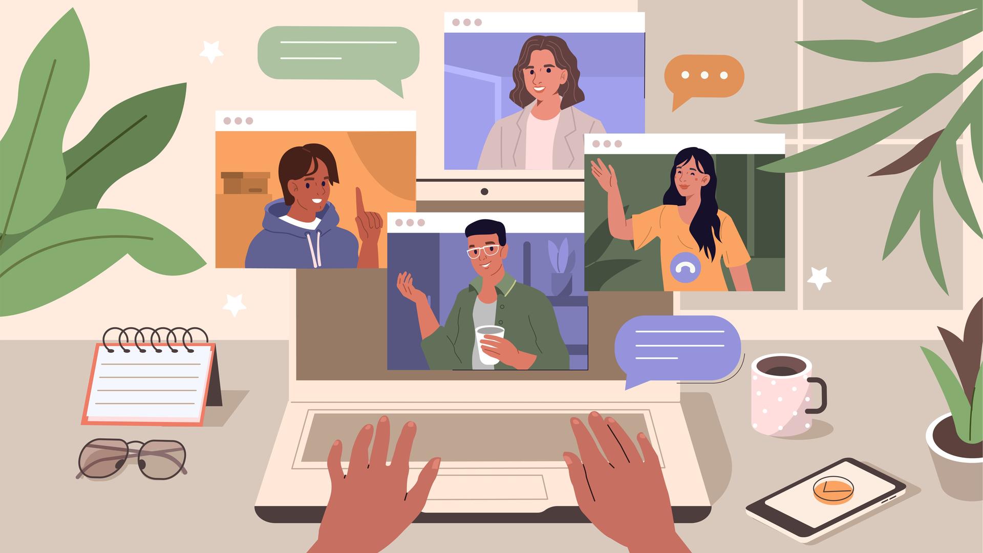 Verschiedene Menschen sind in einer Video-Meeting bei einer Online-Diskussion zu sehen. Verschiedene Menschen sind in einer Video-Meeting bei einer Online-Diskussion zu sehen.