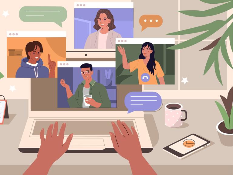 Verschiedene Menschen sind in einer Video-Meeting bei einer Online-Diskussion zu sehen.