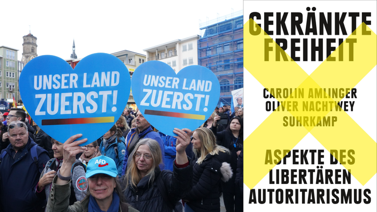 Das Buchcover von Carolin Amlinger, Oliver Nachtwey: „Gekränkte Freiheit. Aspekte des libertären Autoritarismus“ vor der Kullise einer AfD-Kundgebung und Gegendemos in Stuttgart am 12.11.22 Das Buchcover von Carolin Amlinger, Oliver Nachtwey: „Gekränkte Freiheit. Aspekte des libertären Autoritarismus“ vor der Kullise einer AfD-Kundgebung und Gegendemos in Stuttgart am 12.11.22
