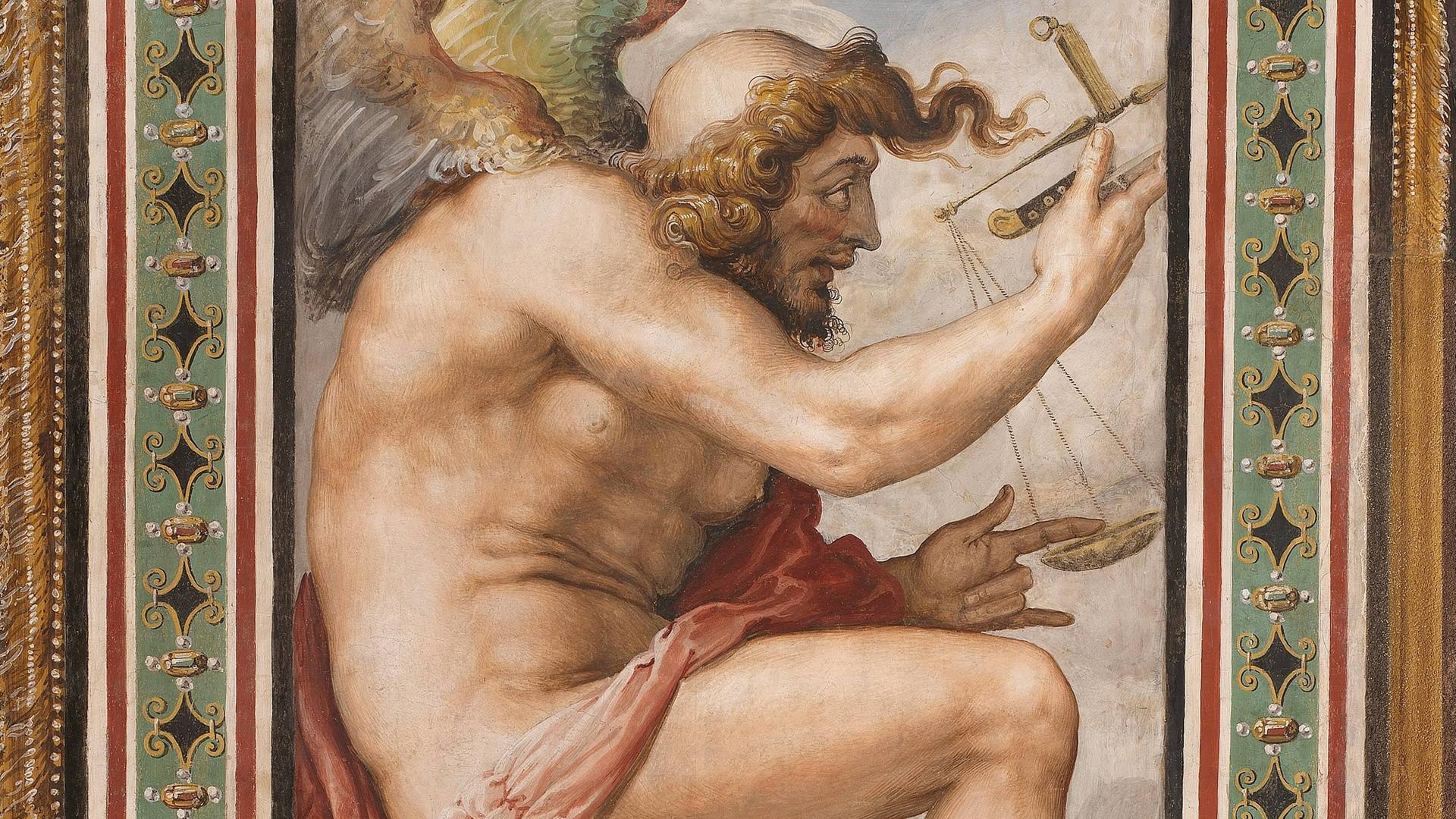 Das Gemälde zeigt einen nackten Mann mit einem kahlen Hinterkopf und dickem Haar an der Seite und über der Stirn. Das Gemälde zeigt einen nackten Mann mit einem kahlen Hinterkopf und dickem Haar an der Seite und über der Stirn.