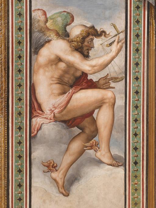 Das Gemälde zeigt einen nackten Mann mit einem kahlen Hinterkopf und dickem Haar an der Seite und über der Stirn.